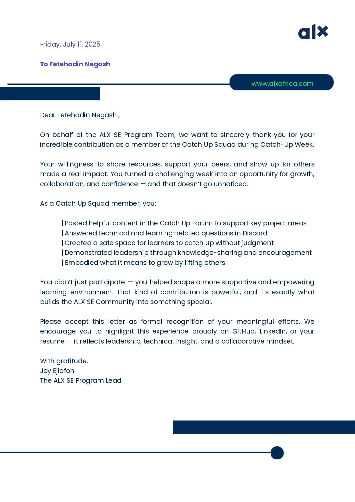 ALX Certificate of Appreciation